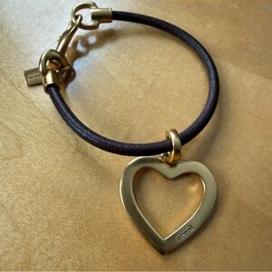 Coach Brushed Gold Heart Charm Leather Bracelet